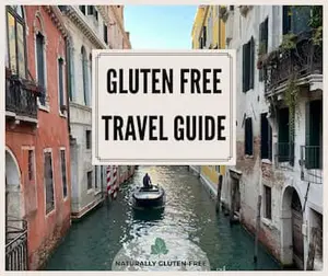 venice canal with man in boat. Text says gluten-free travel guide