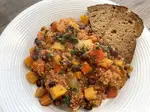 quinoa and butternut squash chili plated with toast