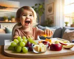 toddler with a selection of healthy snacks on a high-chair tray