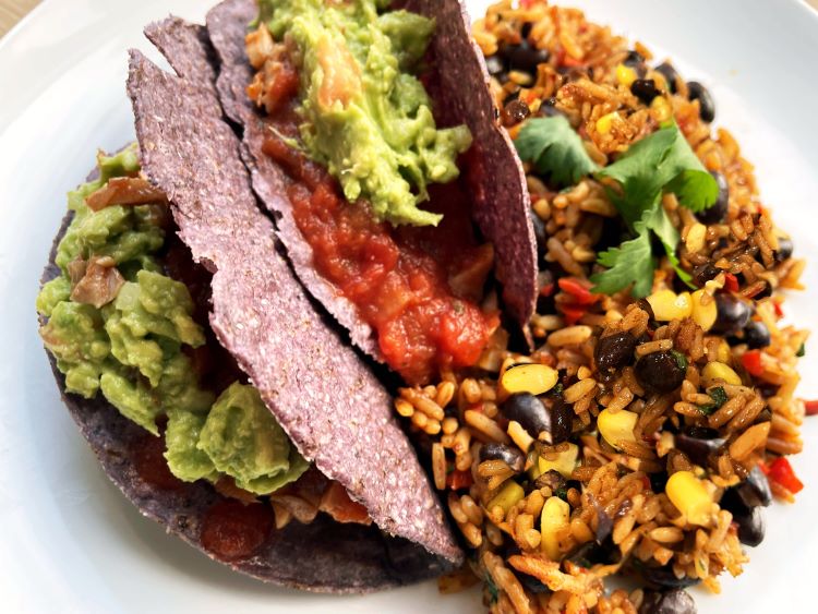 tacos on blue corn tortillas with Mexican rice