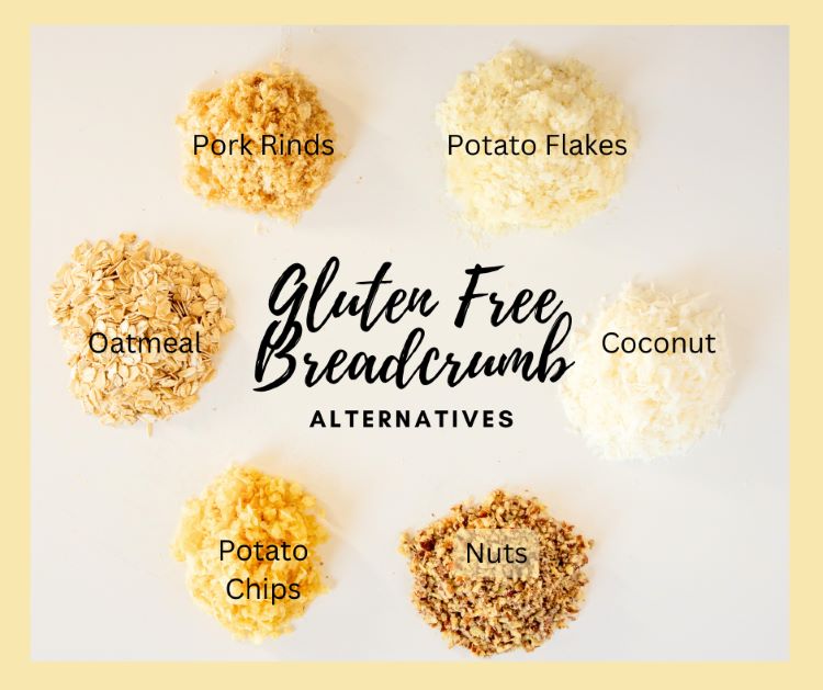 6 gluten free breadcrumb substitutes labeled.  Text is gluten free breadcrumb alternatives