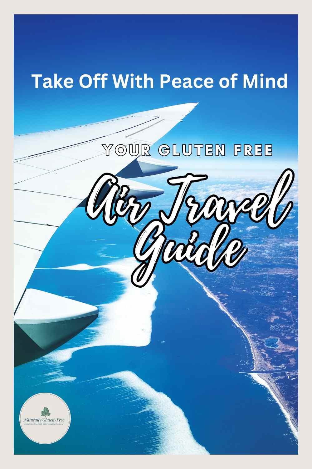 Pin Image - gluten free travel guide. Airplane wing over land and blue sky.