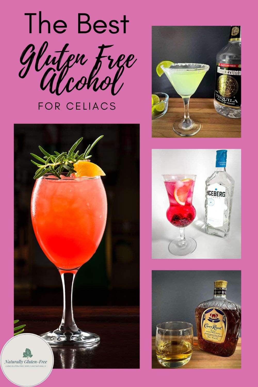 Gluten Free Alcohol Pinterest Image.  Collage of various drinks in fancy glasses.