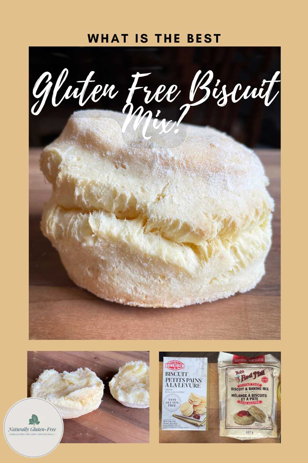Pinterest Image - what is the best gluten free biscuit mix. Large gluten free biscuit with smaller images of packaging and an open biscuit