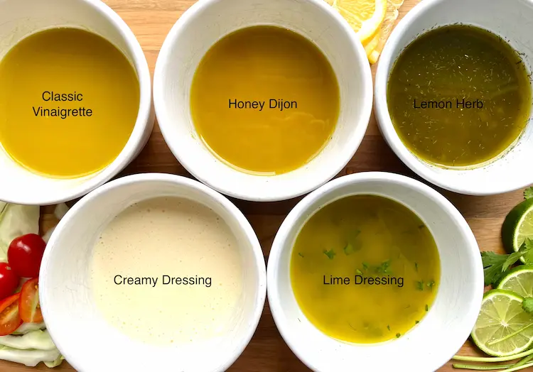 5 bowls of salad dressing with text describing each