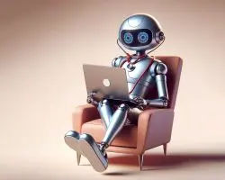 Thumbnail of AI bot in comfy chair with laptop.  Caption AI Health Diagnosis