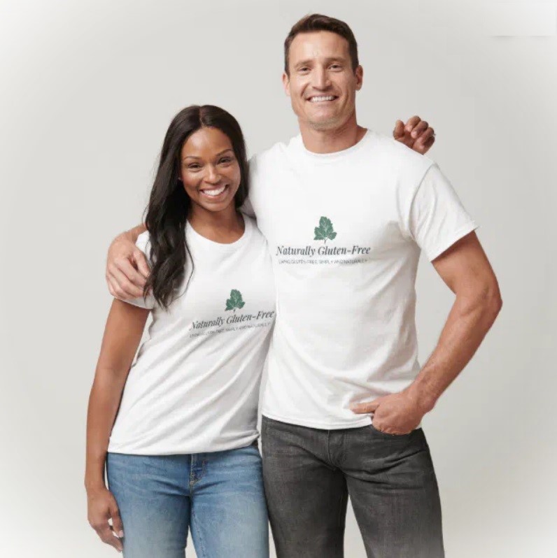 couple wearing gluten free themed t-shirts