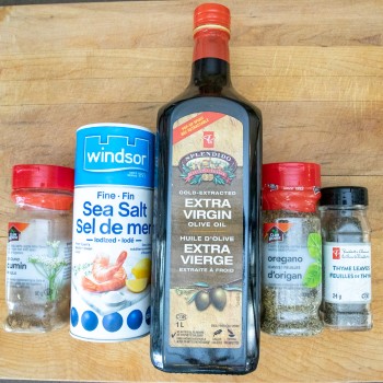 olive oil, sea salt, cumin, oregano, thyme