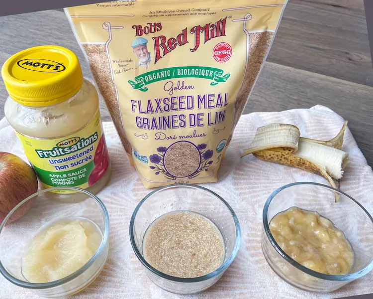 Three egg alternatives, applesauce, flax egg and mashed banana