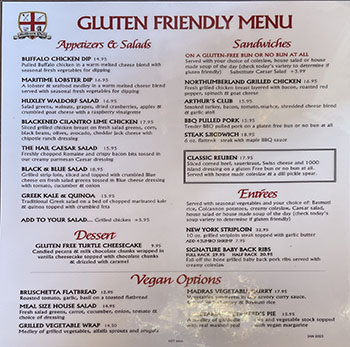 gluten free menu at Arthur's Pub in Cobourg, Ontario gluten free menu at Arthur's Pub in Cobourg, Ontario