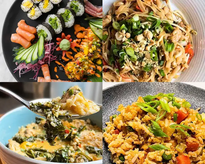 gluten free Asian food - pad Thai, sushi, Thai chicken curry, fried rice