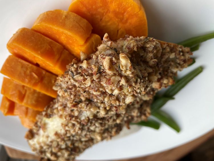almond pecan crusted baked haddock with green and yellow beans and roasted sweet potato