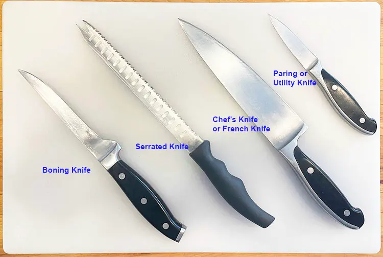Basic kitchen knives labelled: paring or utility knife, chef's knife or French knife, serrated knife, boning or fillet knife. Basic kitchen knives labelled: paring or utility knife, chef's knife or French knife, serrated knife, boning or fillet knife.