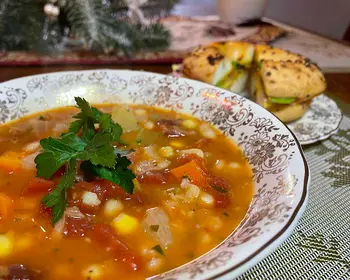 bean and bacon soup with bagel, overhead shot
