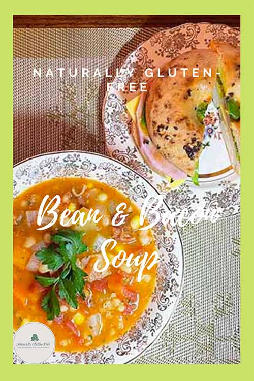 Pinterest image showing gluten-free bean and bacon soup in china bowl beside a bagel sandwich