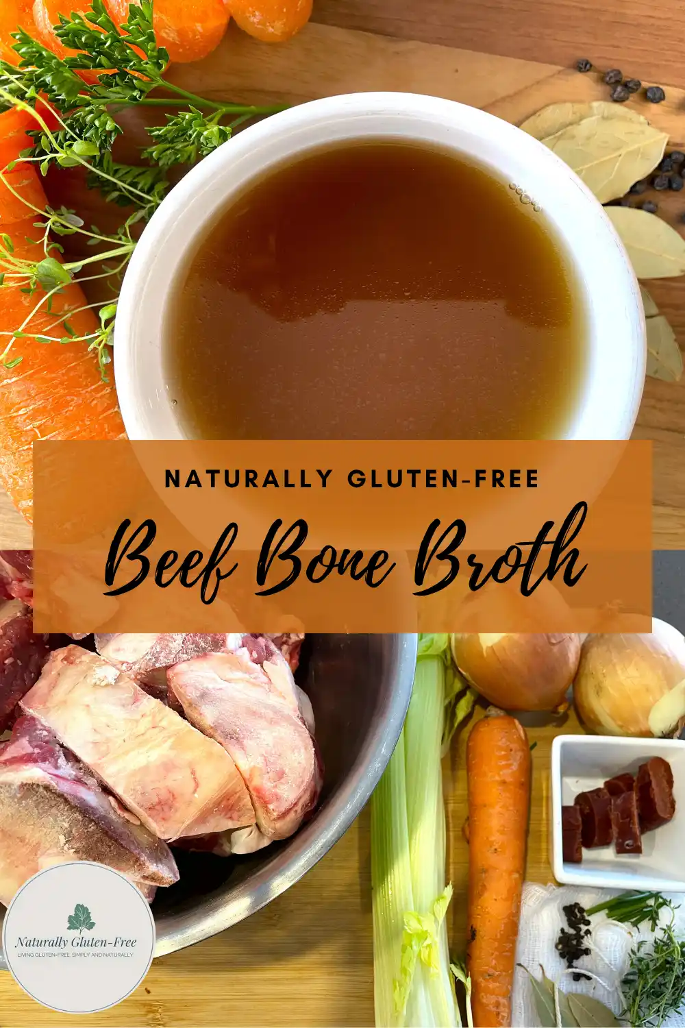 Pin Image - Finished beef bone broth in white bowl over an image on beef bone broth ingredients