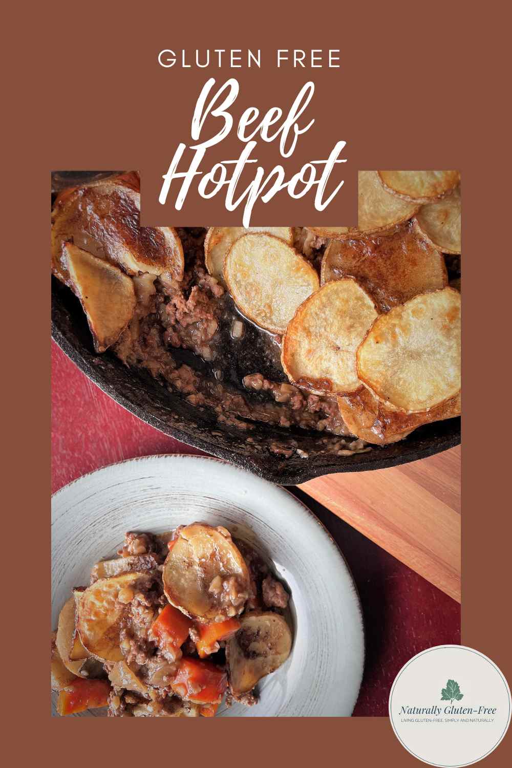 Pin Image - gluten free beef hotpot in cast iron pan beside plated stew.