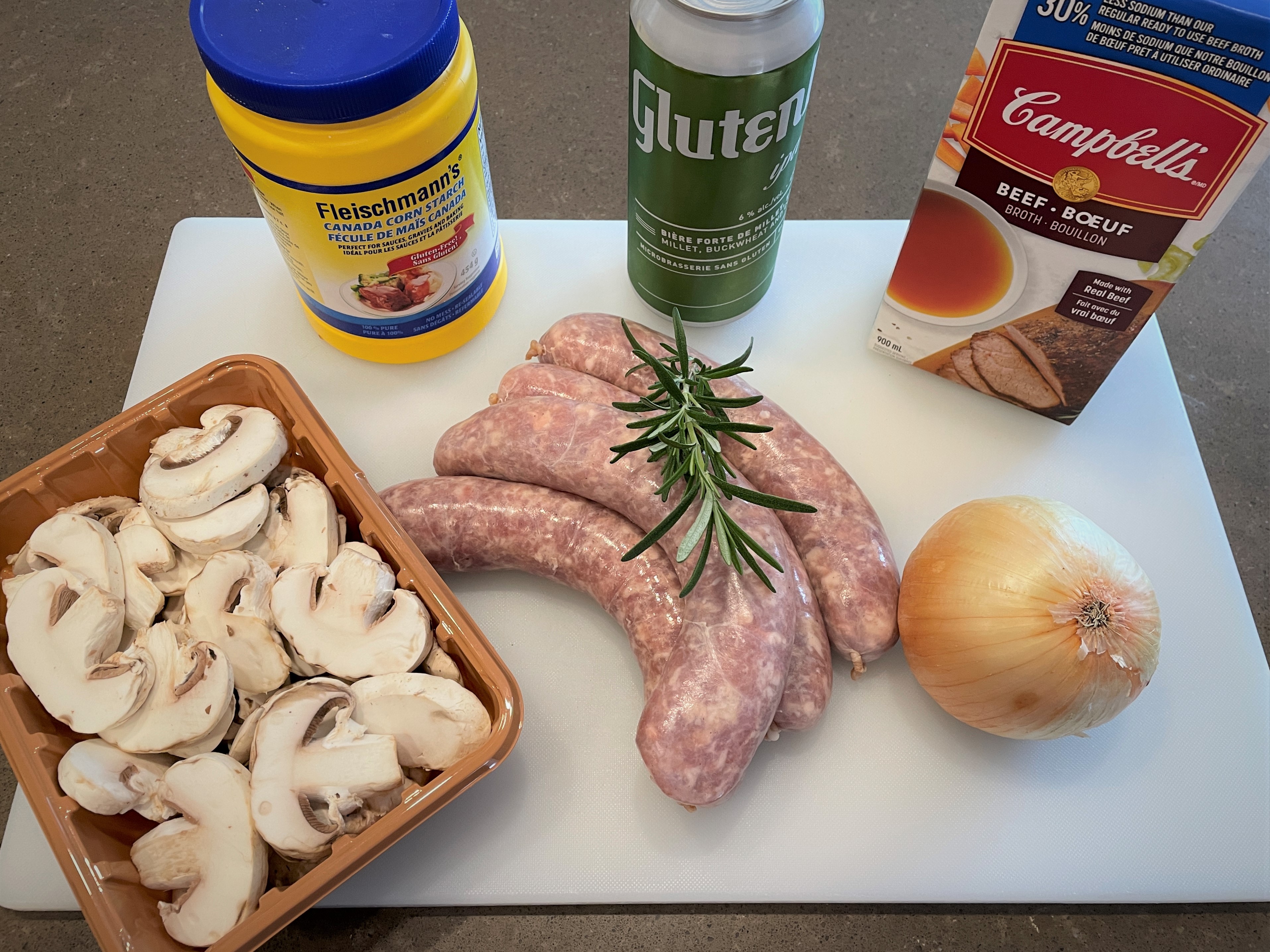 honey garlic sausages, gluten free stock, cornstarch, onion, garlic, rosemary