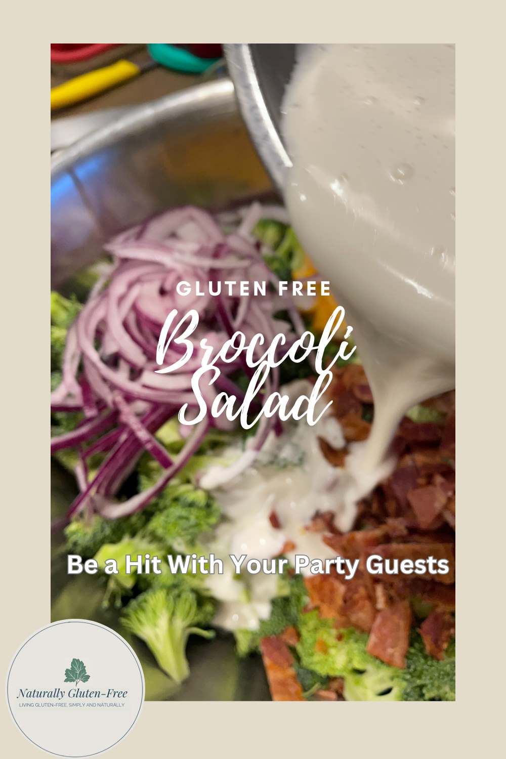 Pin Image - broccoli salad with dressing pouring over top