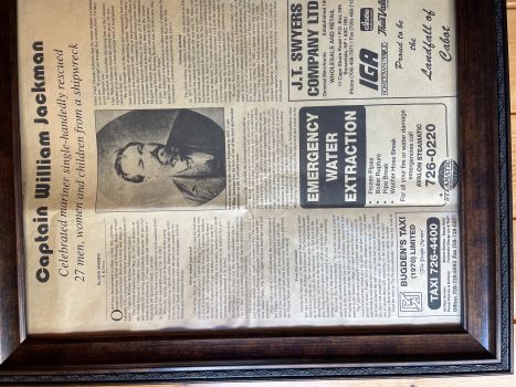 newspaper clipping with the story of Captain William Jackman.  Displayed at the Captain's Table.