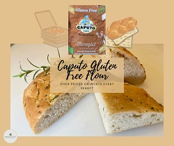 caputo gluten free flour in bag with focaccia below.