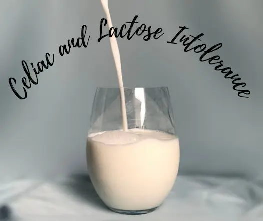 milk pouring into a glass on a grey silk background. Text is celiac and lactose intolerance milk pouring into a glass on a grey silk background. Text is celiac and lactose intolerance