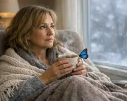 woman holding a warm mug wrapped in a blanket