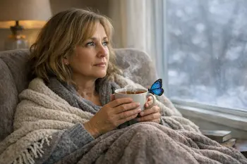 A woman holding a cups of tea with a butterfly on the brim gazes out the window. 