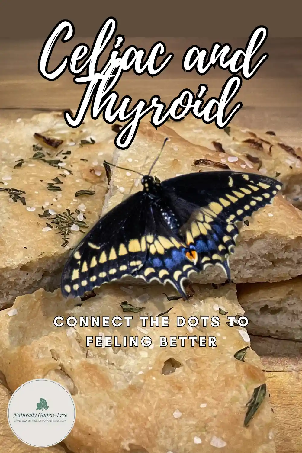 butterfly lighting on gluten free foccacia - text is celiac and thyroid, connect the dots to feeling better
