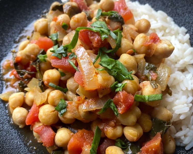 Chana Masala plated with white rice