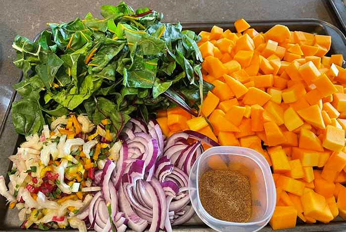 Meal Prep: chopped rainbow chard, butternut squash, red onion, spice. Meal Prep: chopped rainbow chard, butternut squash, red onion, spice.
