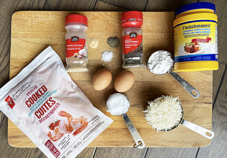 Ingredients for gluten free coconut shrimp. Frozen shrimp, garlic powder, salt, pepper, eggs, coconut, coconut oil, cornstarch Ingredients for gluten free coconut shrimp. Frozen shrimp, garlic powder, salt, pepper, eggs, coconut, coconut oil, cornstarch