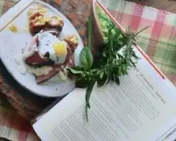 cookbook open to page with egg recipe cookbook open to page with egg recipe