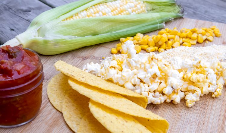 close up of corn-on-the-cob, corn flour, corn meal and popcorn with salsa close up of corn-on-the-cob, corn flour, corn meal and popcorn with salsa