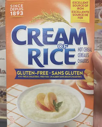 Cream of Rice cereal box clearly showing gluten-free label.