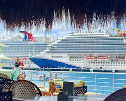 view of cruise ship from outdoor cafe