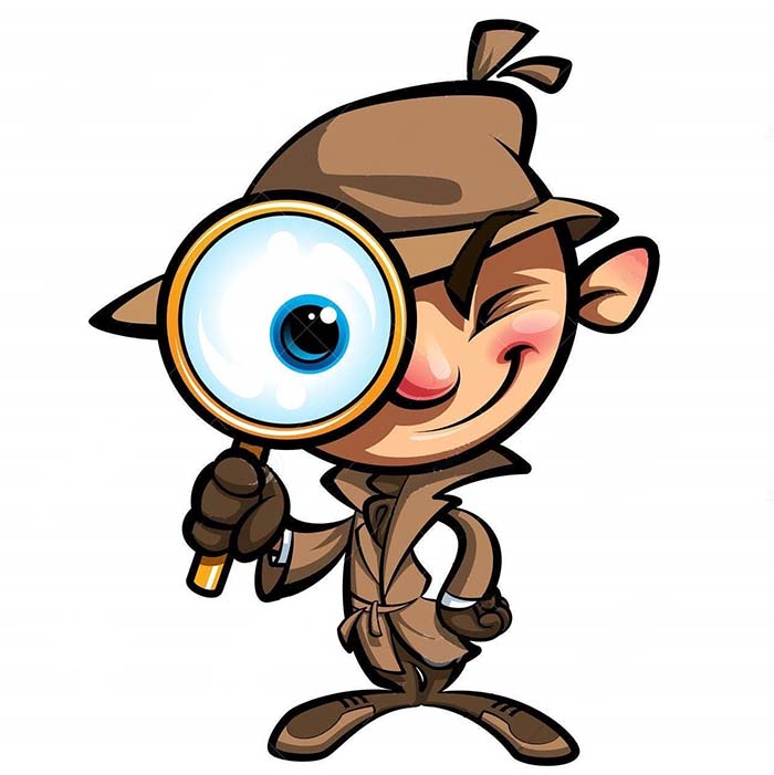 animated detective with magnifying glass over enlarged eye. animated detective with magnifying glass over enlarged eye.