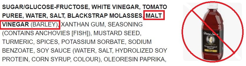 bottle of Diana sauce circled with line through and ingredients highlighting malt vinegar (barley) bottle of Diana sauce circled with line through and ingredients highlighting malt vinegar (barley)