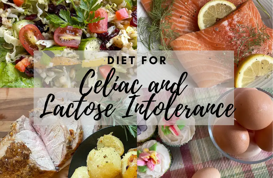 collage of gluten free food with text "diet for celiac and lactose intolerance" collage of gluten free food with text "diet for celiac and lactose intolerance"