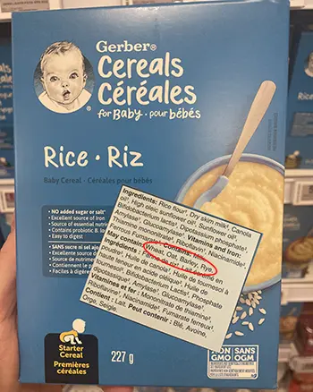 Gerber Rice Cereal box showing ingredients with may contain wheat, rye or barley