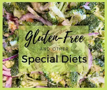 Broccoli salad with text overlay: Gluten-Free and Other Special Diets