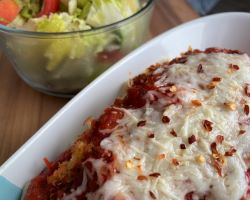 gluten free chicken parm with penne and salad