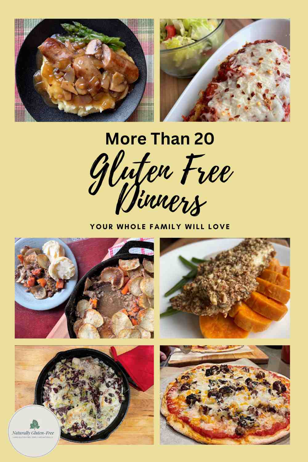 Pin Image - Gluten Free Dinner.  Plated chicken parm, braised sausages, beef hotpot, skillet fish and almond pecan crusted haddock.  Text More than 20 gluten free dinners your whole family will love.