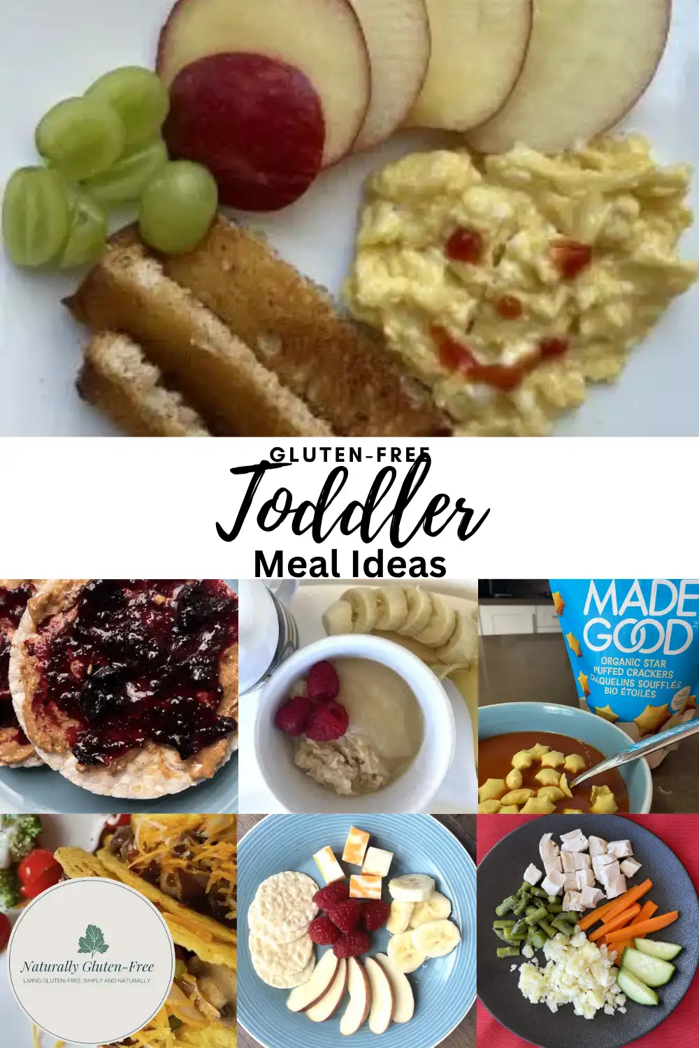 Pin Image - several toddler meals with text "gluten-free toddler meal ideas"