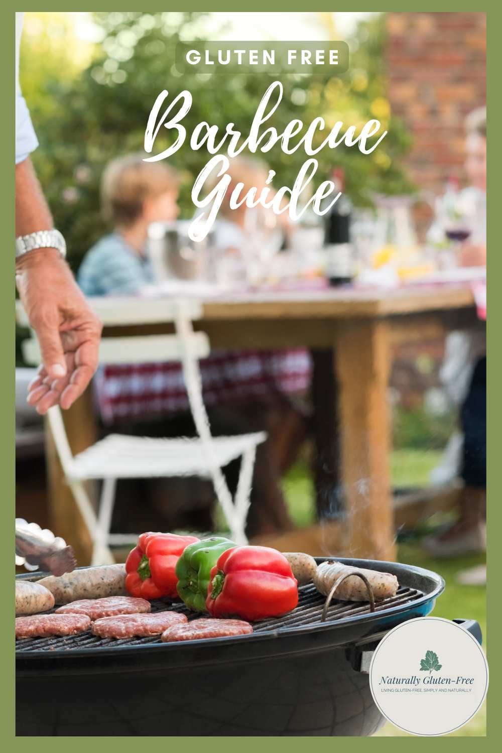Pin Image - barbecue with burgers and vegetables in foreground, people in background.  Text gluten free barbecue guide.
