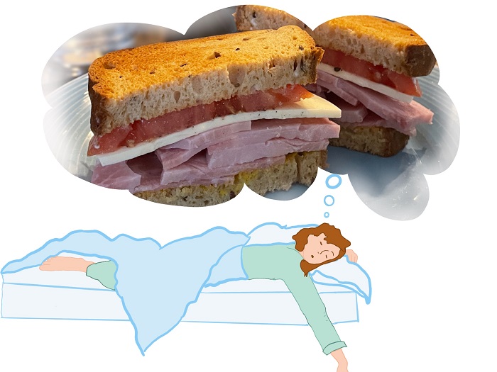 Gluten-Free Bread. Woman in bed dreaming of a sandwich. Gluten-Free Bread. Woman in bed dreaming of a sandwich.