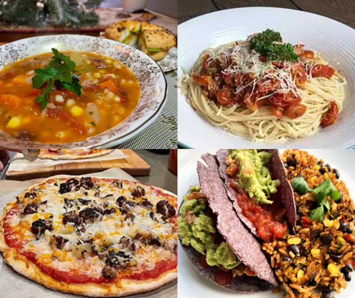 a collage of gluten free food including pizza, pasta, tacjos and soup