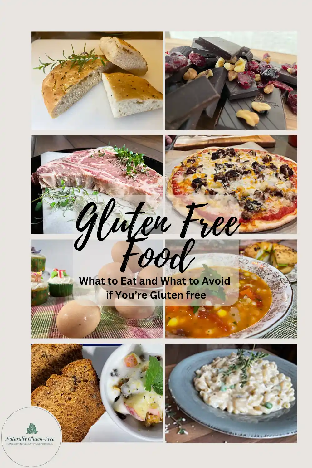 Pin Image - variety of gluten free foods including pizza, soup, pasta, eggs, banana bread, steak and chocolate.