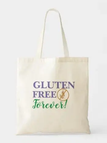 beige tote bag with text "gluten free forever"