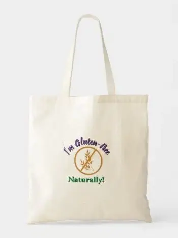 beige tote bag with text "I'm gluten free, naturally"